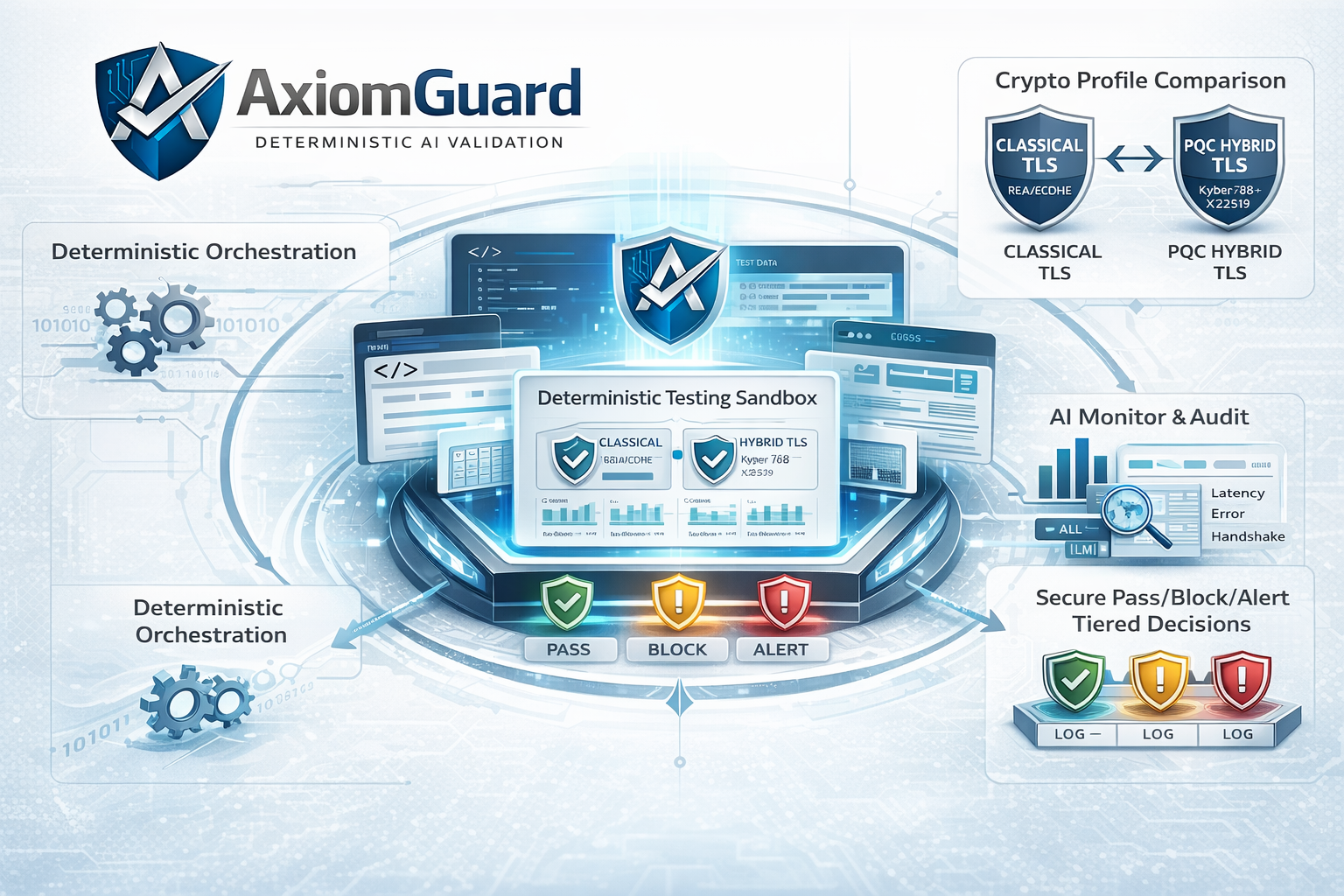 AxiomGuard platform architecture diagram showing deterministic orchestration, crypto profile comparison, deterministic testing sandbox, AI monitor and audit, and secure pass/block/alert tiered decisions
